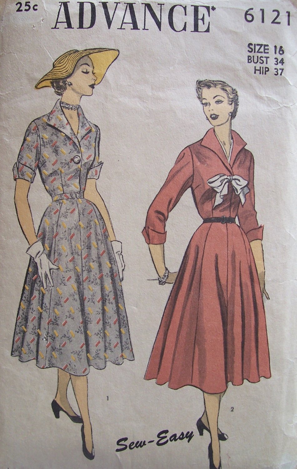 Vintage 40’s Advance 6121 Wing Collar Shirtwaist Dress Pattern Size 16 Bust 34