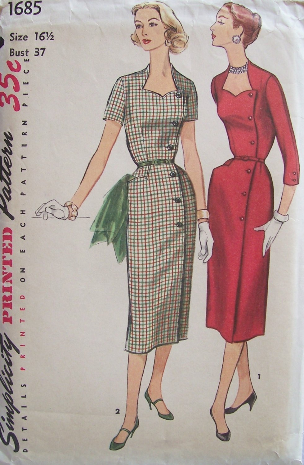 Vintage 50s Simplicity 1685 Sweetheart Neck Slim Wrap Around Dress Pattern Uncut Size 16 ½