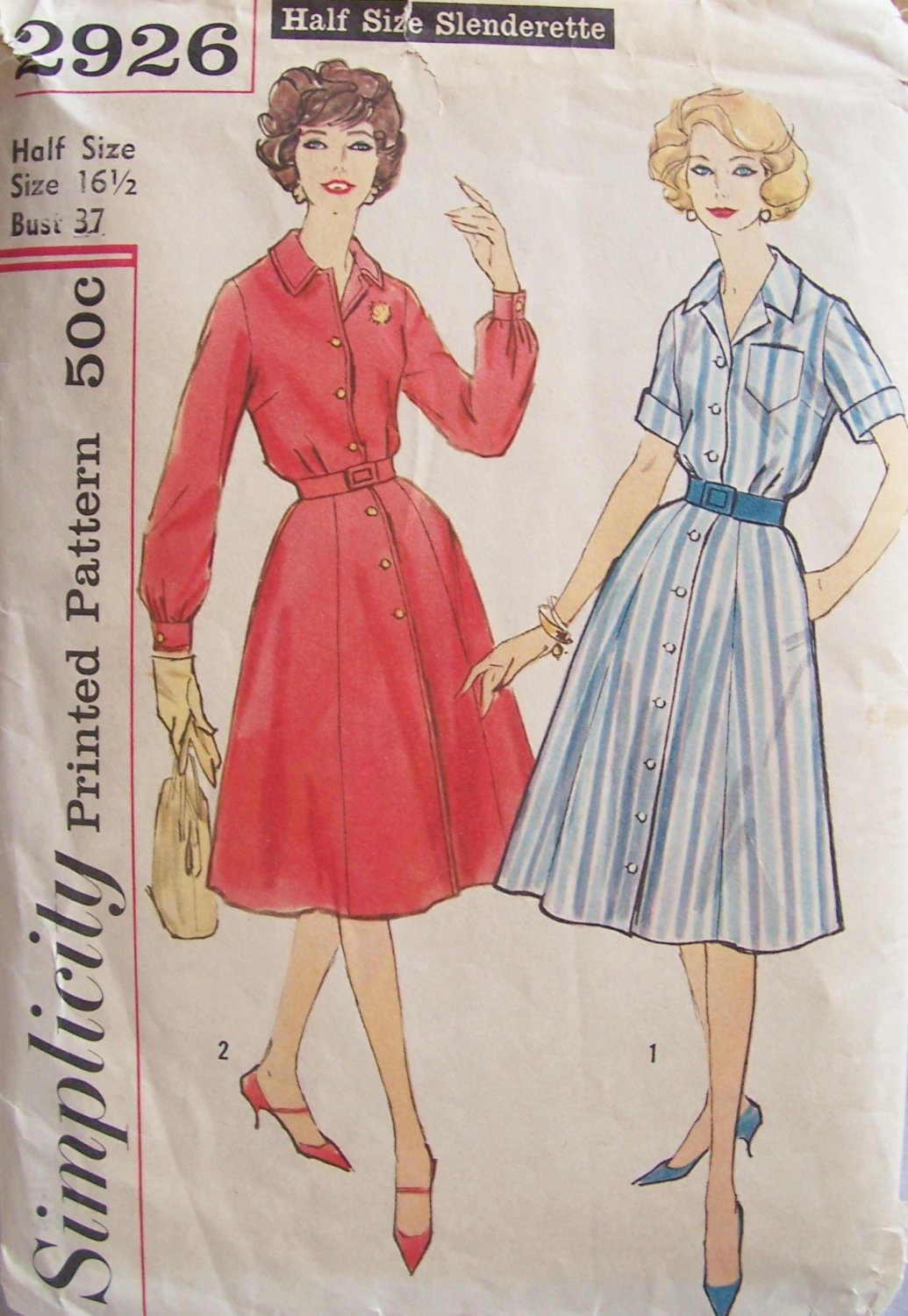 Vintage 50’s Simplicity 2926 Shirtwaist Dress Pattern Front Button Size 16.5 Bust 37