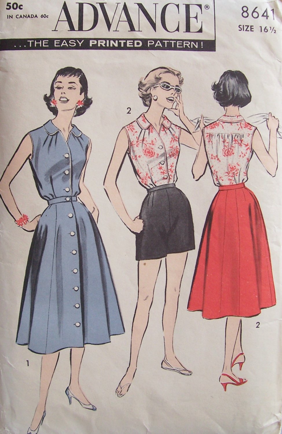 Vintage 50s Advance 8641 Sleeveless Blouse Front Button Skirt Shorts Pattern Uncut Size 16.5