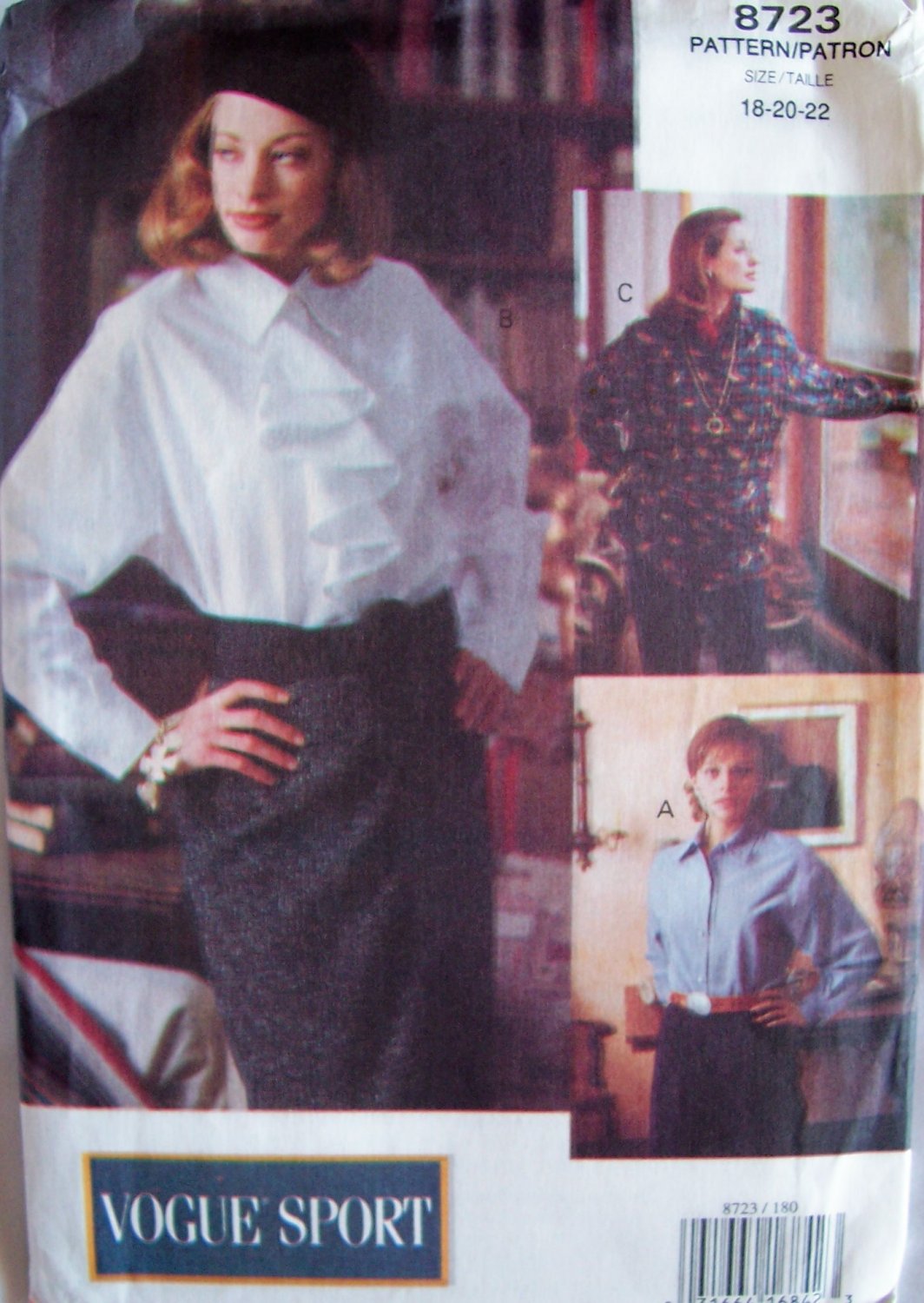 Vogue 8723 Sport Front Button Shirt Pattern Jabot Yoke or Pocket Uncut Size 18-22