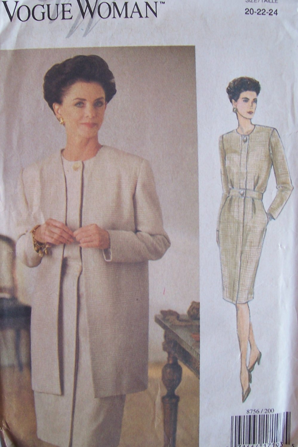 Vogue Woman 8756 Long Sleeve Collarless Dress and Jacket Pattern Uncut Size 20-24