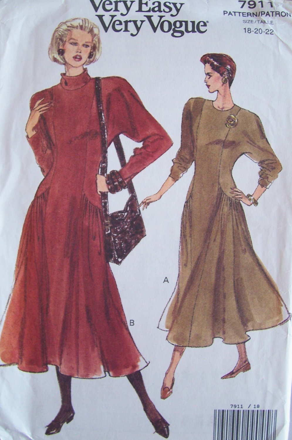 Very Easy Vogue 7911 Princess Seam Flared Skirt Dress Pattern Long Sleeve Uncut Size 18-22