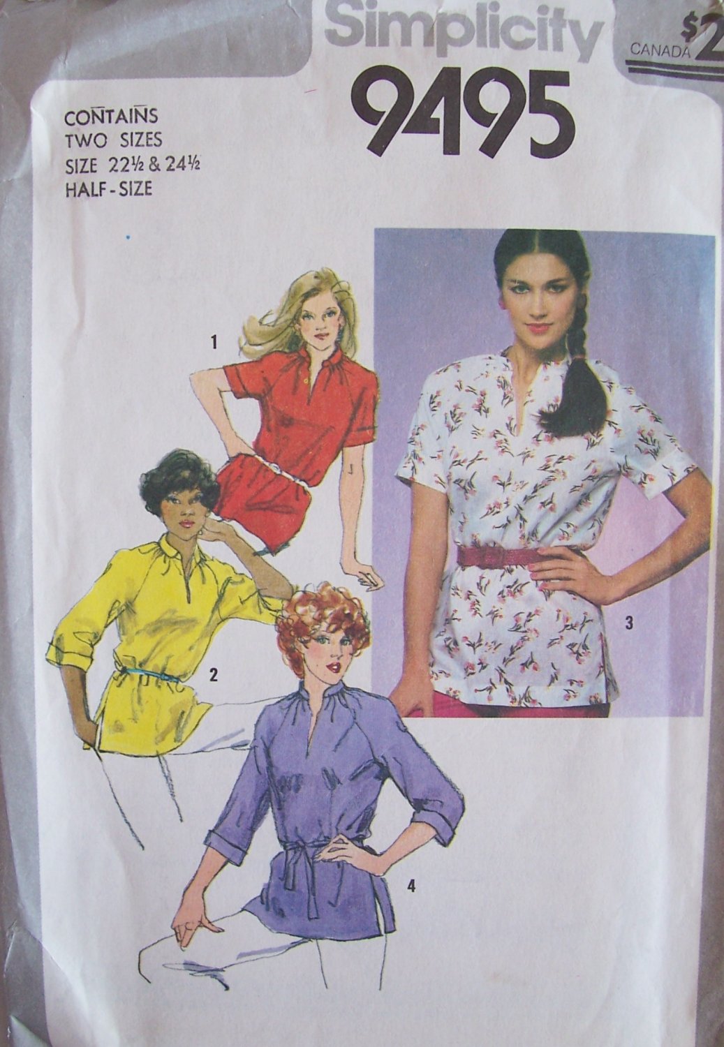 Vintage 80s Simplicity 9495 Pullover Tunic Top Pattern Standing Collar Raglan Sleeve Size 22.5-24.5