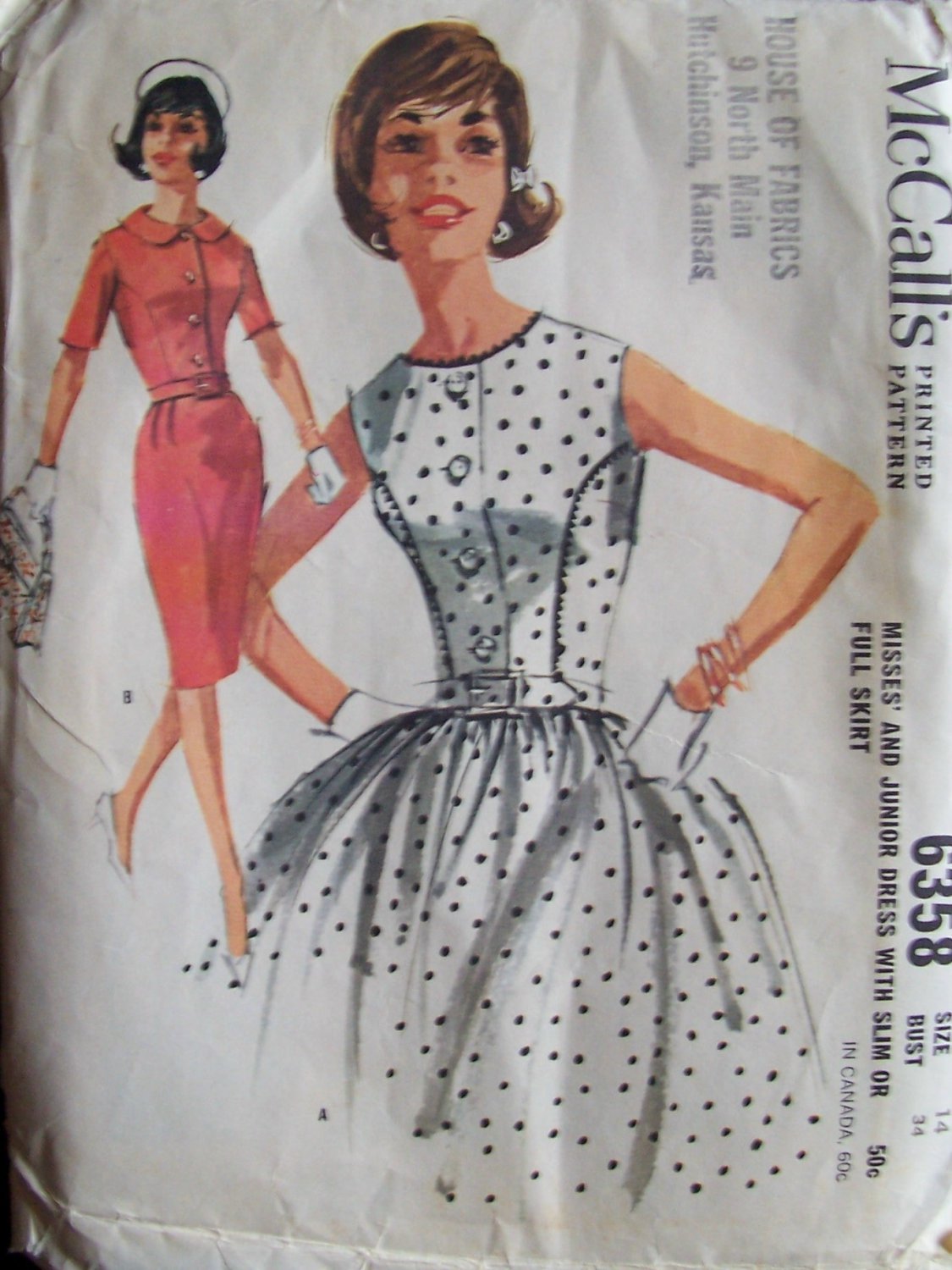 Vintage 60s McCall’s 6358 Slim or Full Gathered Skirt Dress Pattern Uncut Size 14 Front Button
