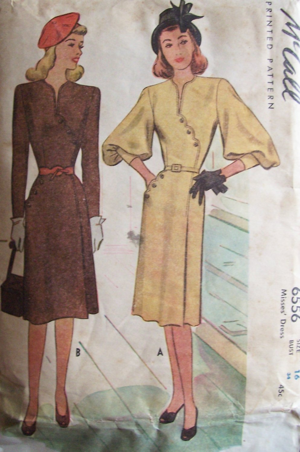 Vintage 40’s McCall 6556 Bishop Sleeve Collarless Dress Asymmetrical Detail Uncut Size 16 B34