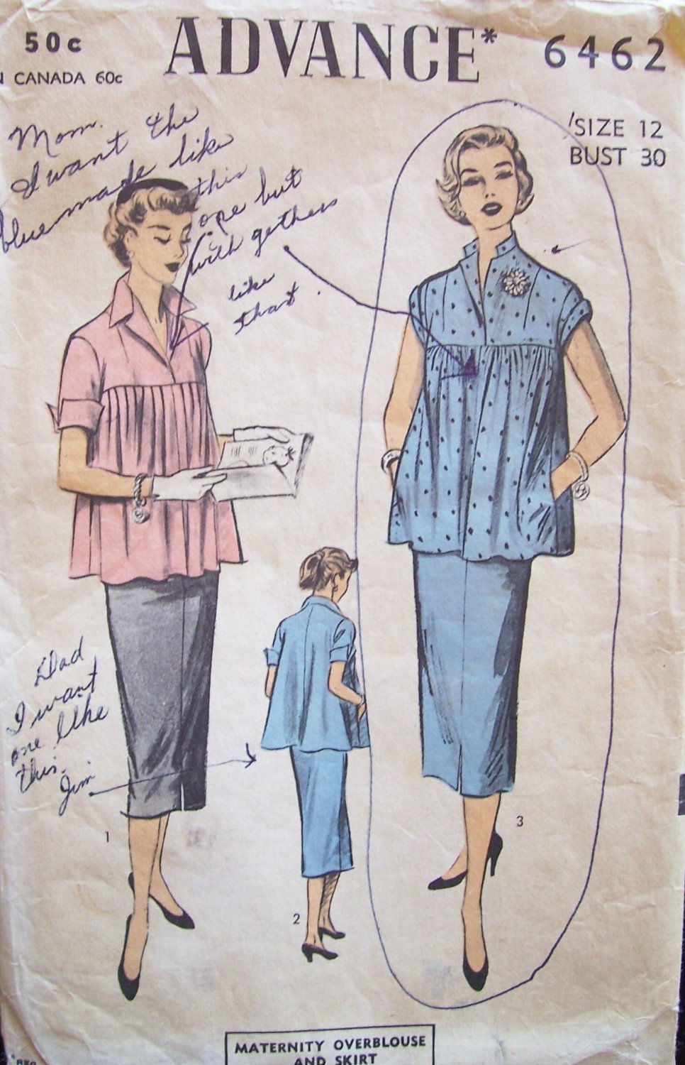 Vintage 50s Advance 6462 Maternity Blouse and Skirt Pattern Size 12 B30