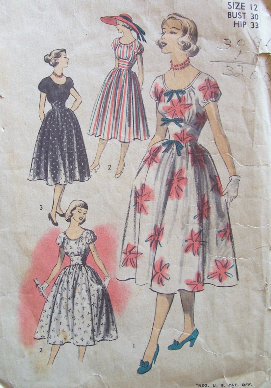 Vintage 50s Advance 5736 Scoop Neck Summer Dress Pattern Full Skirt Size 12 B30