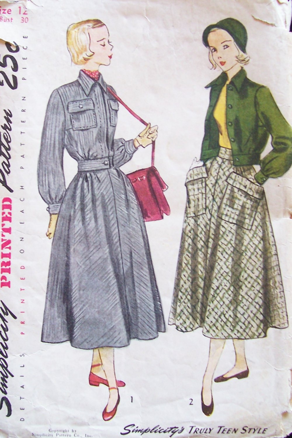 Vintage 40s Simplicity 3000 Flared Skirt Cropped Lumber Jacket Pattern Size 12 B30