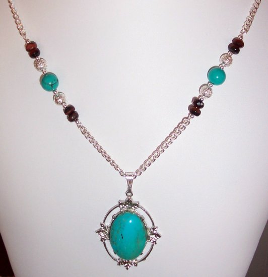 handcrafted Genuine Turquoise & faceted red tigerey beads necklace
