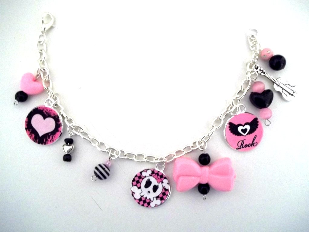 Handmade Pink/Black Pirate Girl Charm Bracelet!