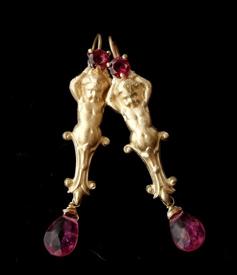 14k Gold French Classical Cherub with Pink Topaz Earrings