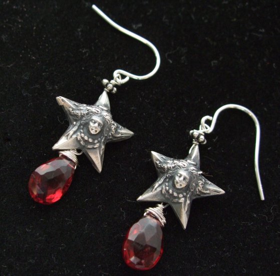 Sterling Silver Vintage French Stars & Garnet Earrings