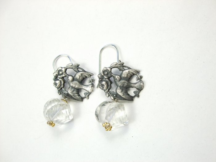 Sterling Silver Bird & Flowers & White Topaz Earrings