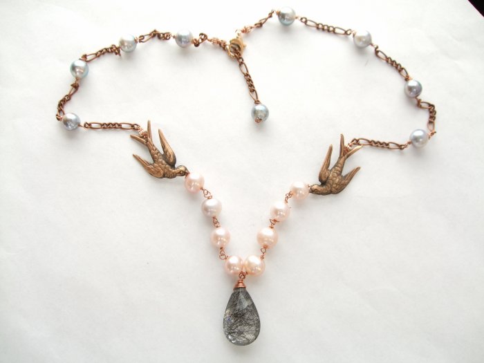 18k Rose Gold Birds Black Rutilated Quartz & Pearl Necklace