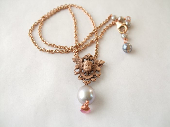 Rose Gold Vermeil Cherub in Shield with Pearl & Tourmaline Necklace