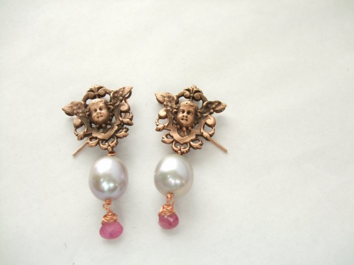 18k Rose Gold Vermeil Cherub in Shield with Pearl & Tourmaline Earring
