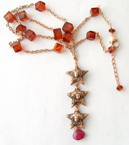 18k Rose Gold Vermeil Triple French Star with Ruby & Amber Necklace