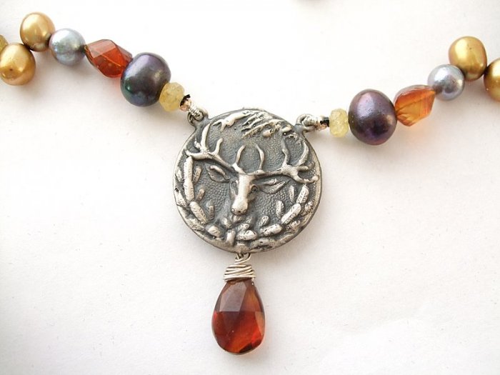 Sterling Silver Deer Stag Medallion with Pearl & Citrine Necklace
