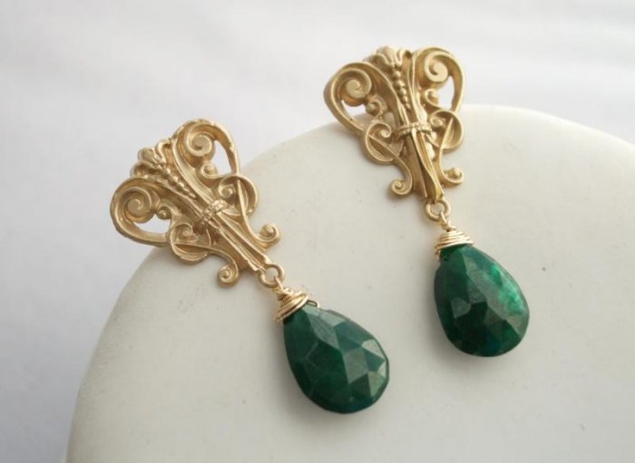 14kt Gold Vintage French Lyre with Emerald Earrings