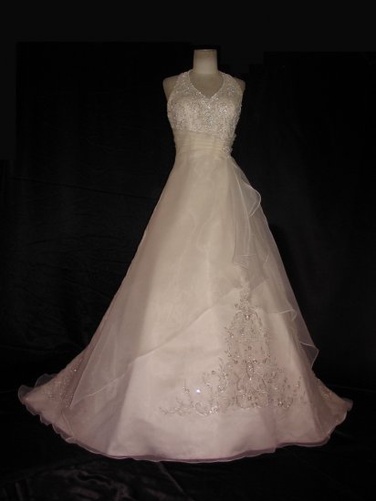 Halter neckline detachable front modesty panel couture gown