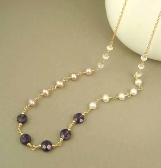 Amethyst Pink & White Pearl White Topaz 14K Gold Filled Necklace