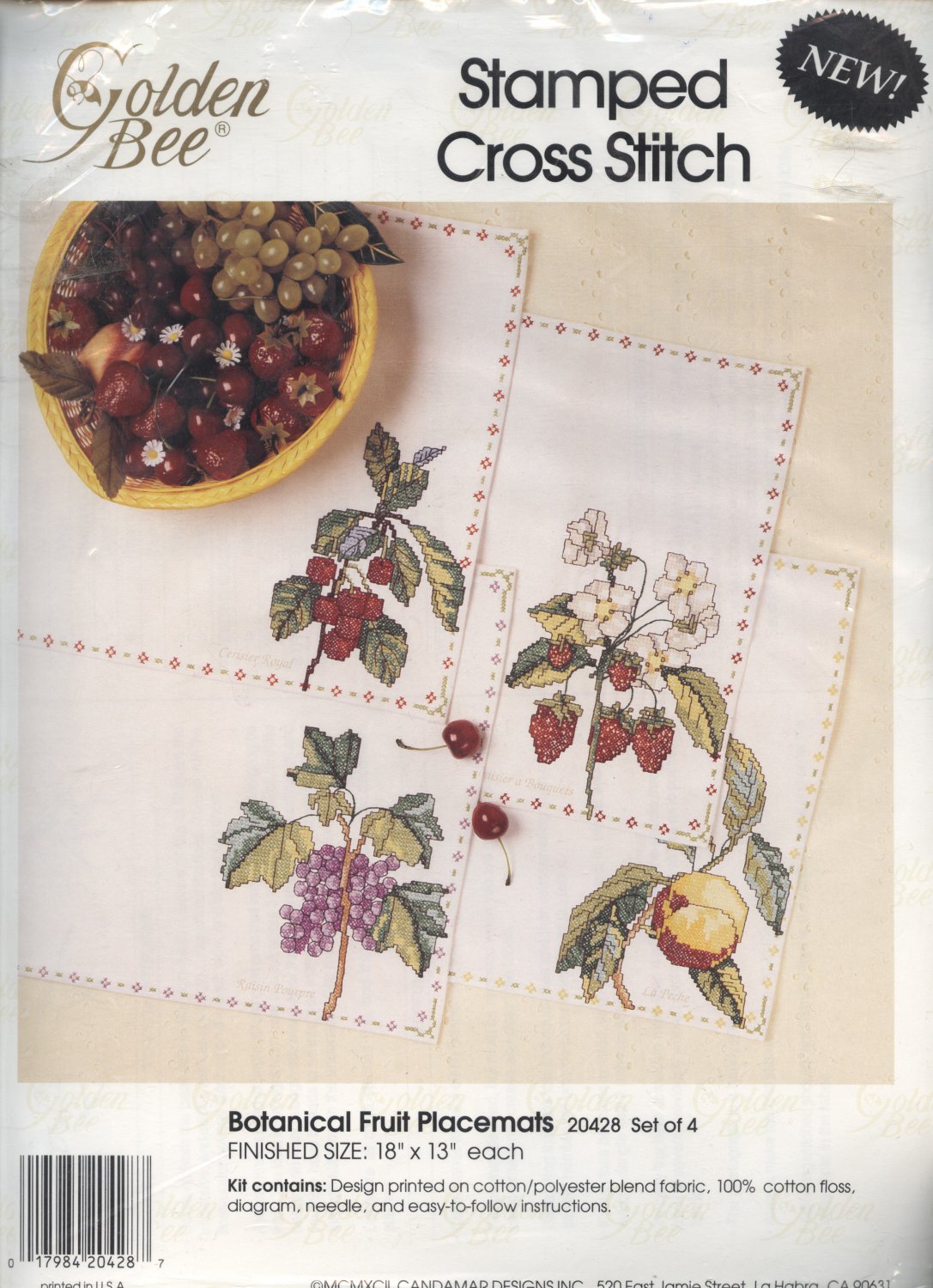 Golden Bee Stamped Cross Stitch Botanical Fruit Placemets Kit set of 4 NEW