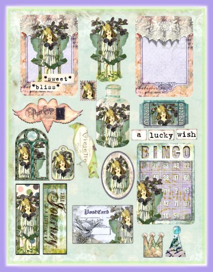 Vintage Violet Flower Fairy ATC Collage Sheet - Digital Download ONLY
