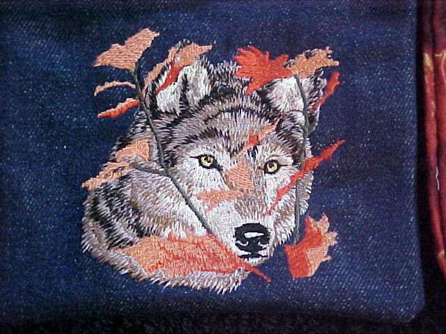 Embroidered Autumn Wolf Denim Bag