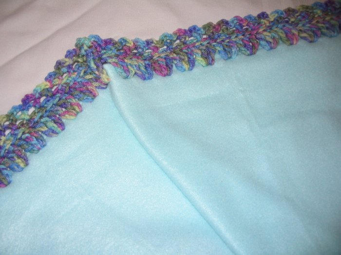 BABY FLEECE BLANKET WITH CROCHETED TRIM IN LIGHT TEAL