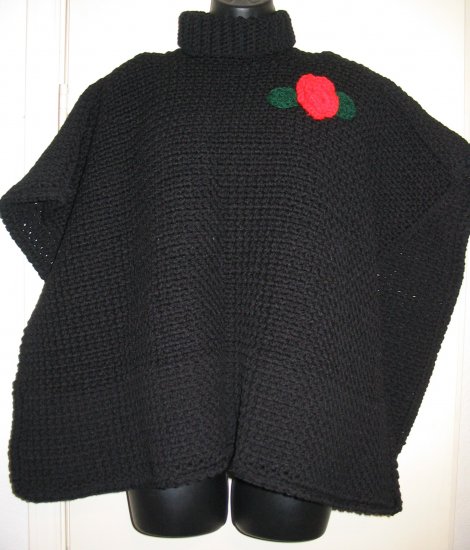 BLACK PONCHO WITH ACCENT ROSE HANDMADE CROCHET CROCHETED