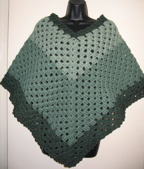SAGE PONCHO 3 SHADES DOUBLE YARN HANDMADE CROCHET CROCHETED