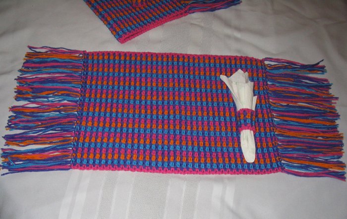 SET OF TWO PLACEMATS WITH MATCHING NAPKIN RINGS HANDMADE CROCHET CROCHETED