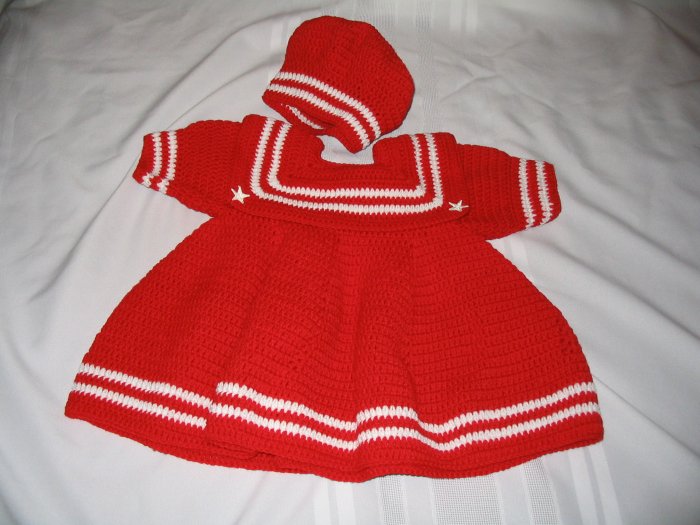 BABY SAILOR DRESS WITH MATCHING CAP IN CHERRY RED HANDMADE CROCHET CROCHETED