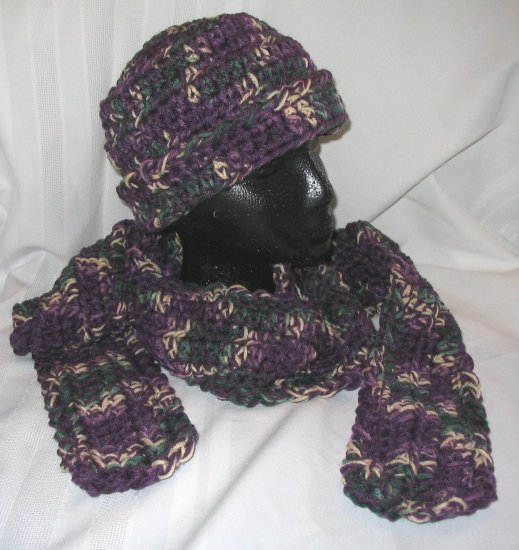 WINTER HAT & SCARF SET IN VARIEGATED YARN HANDMADE CROCHET CROCHETED