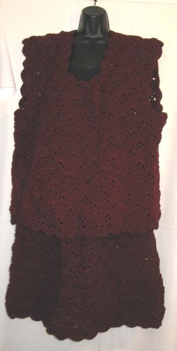 SKIRT & VEST SET HANDMADE CROCHET CROCHETED IN CLARET