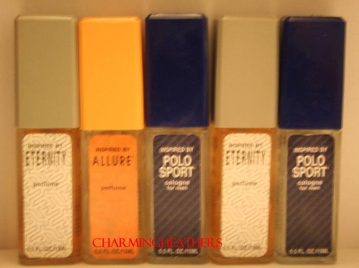 NEW LOT OF 5 BOTTLES OF ASSORTED DESIGNER INSPIRED WOMANS PERF& MENS COLOGNE 0.5 FL. OZ. EA. NEW