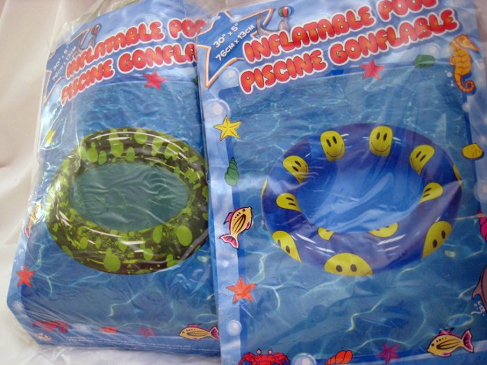 2 Inflatable Pool Swimming Floats circular (smiley face,green spots)