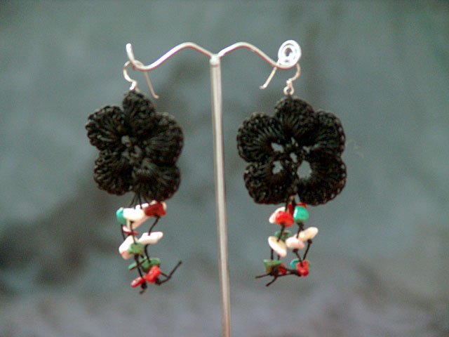 Black Floral Handmade Crochet Beaded Hoop Gypsy Boho Hippie Earrings