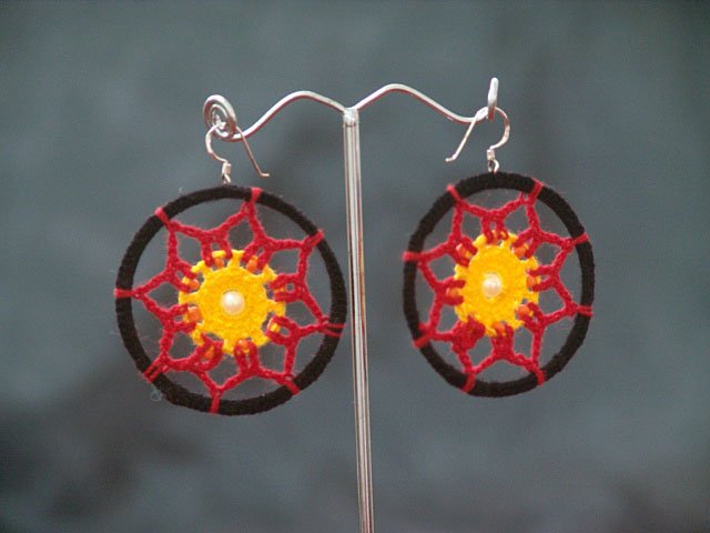 Black/Red Round Handmade Crochet Hoop Gypsy Boho Hippie Earrings