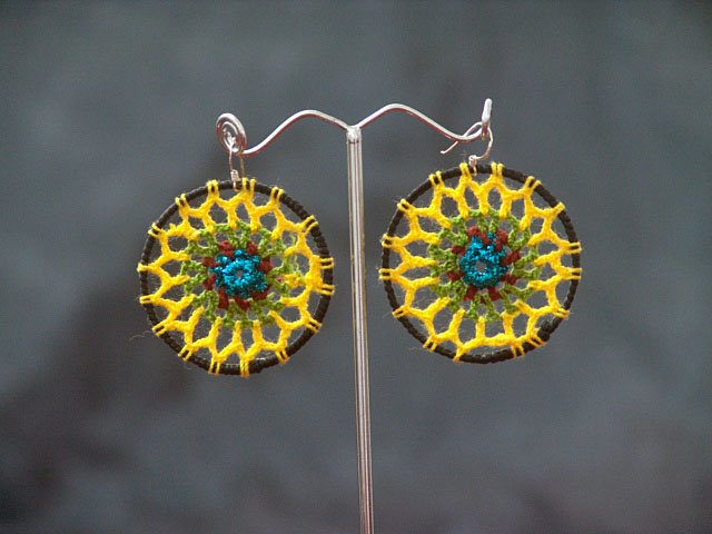 Black/Yellow Round Handmade Crochet Hoop Gypsy Boho Hippie Earrings