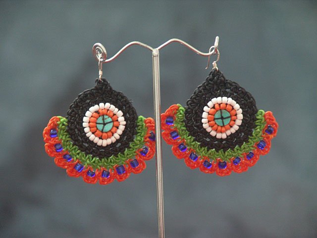 Black/Orange Handmade Crochet Beaded Hoop Gypsy Boho Hippie Earrings