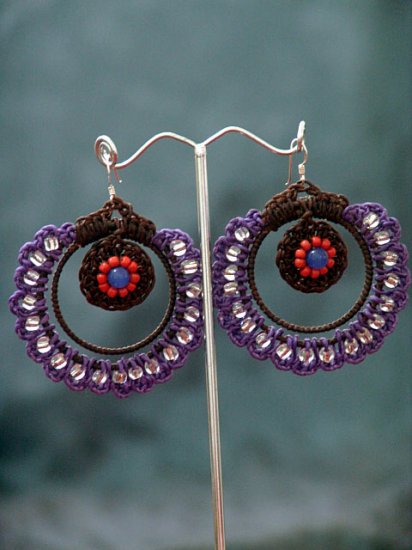 Purple/Brown Handmade Crochet Beaded Hoop Gypsy Boho Hippie Earrings