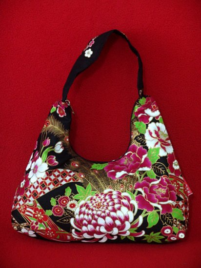Small Black BOHO Japanese FLORAL Peacock Print SHOULDER HANDBAG PURSE
