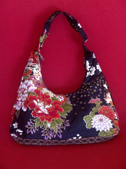 Small Black BOHO Japanese Pink FLORAL Print SHOULDER HANDBAG PURSE