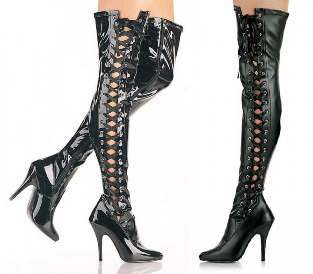 Women's Thigh High Heeled Boots with Ribbon Lace Up Side