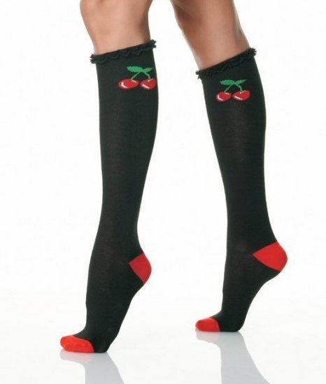Knee Socks with Ruffle Trim & Woven Cherry Design