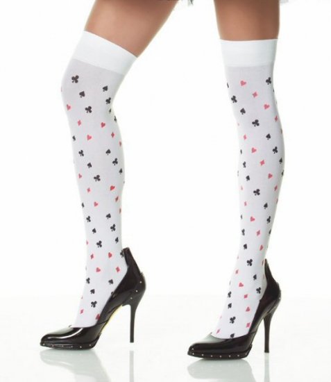 Opaque Thigh Highs with Card Suit Symbols