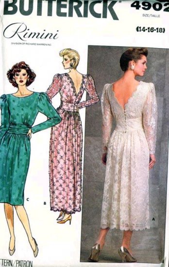 Butterick 4902 RIMINI Ruched Deep-V Back Cocktail Dress Vintage 80's Sewing Pattern B36-40 UNCUT