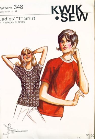 Vintage 70s Kwik Sew 348 Ladies T shirt with Raglan sleeves Size Small to Xlarge (B34-44.5) UNCUT